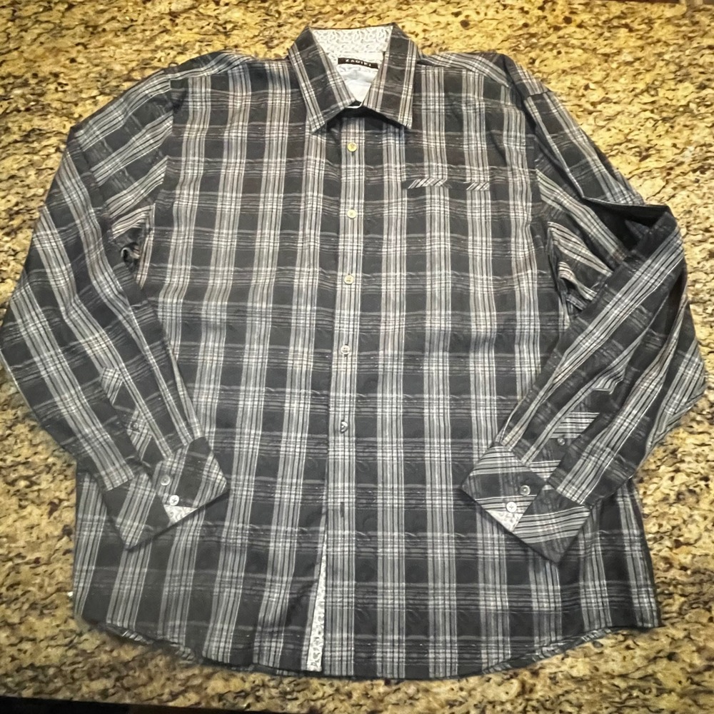 Zagiri Mens 3XL Button Down Shirt Black Grey Plaid Floral Jacquard Paisley Trim